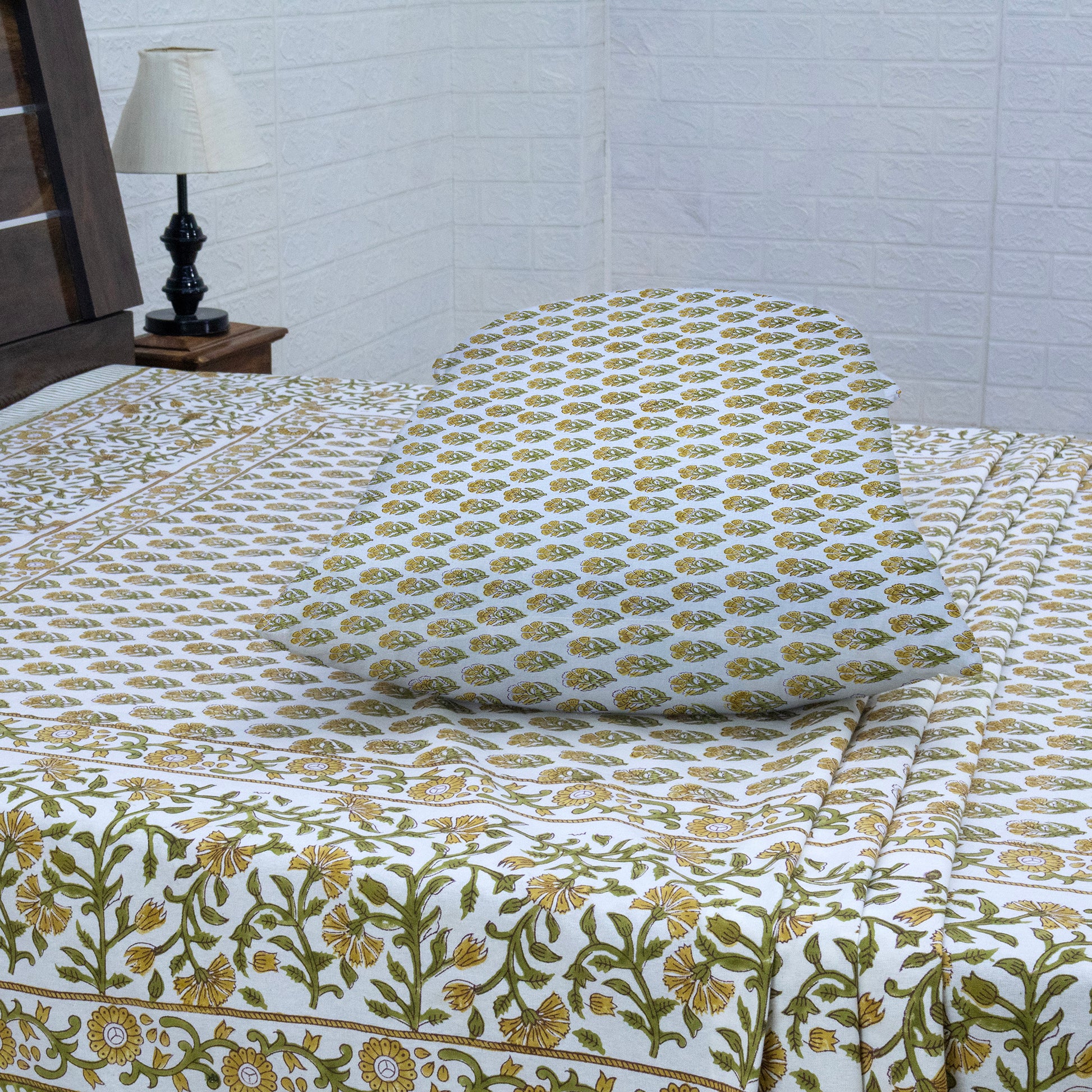 Indian Handmade Block Printed Yellow and Green Floral Pattern Cotton Bed sheet For living Room, Kids Room - My Store