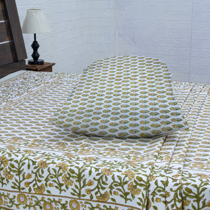 Indian Handmade Block Printed Yellow and Green Floral Pattern Cotton Bed sheet For living Room, Kids Room - My Store