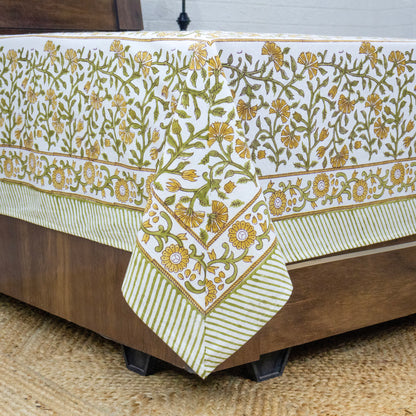 Indian Handmade Block Printed Yellow and Green Floral Pattern Cotton Bed sheet For living Room, Kids Room - My Store