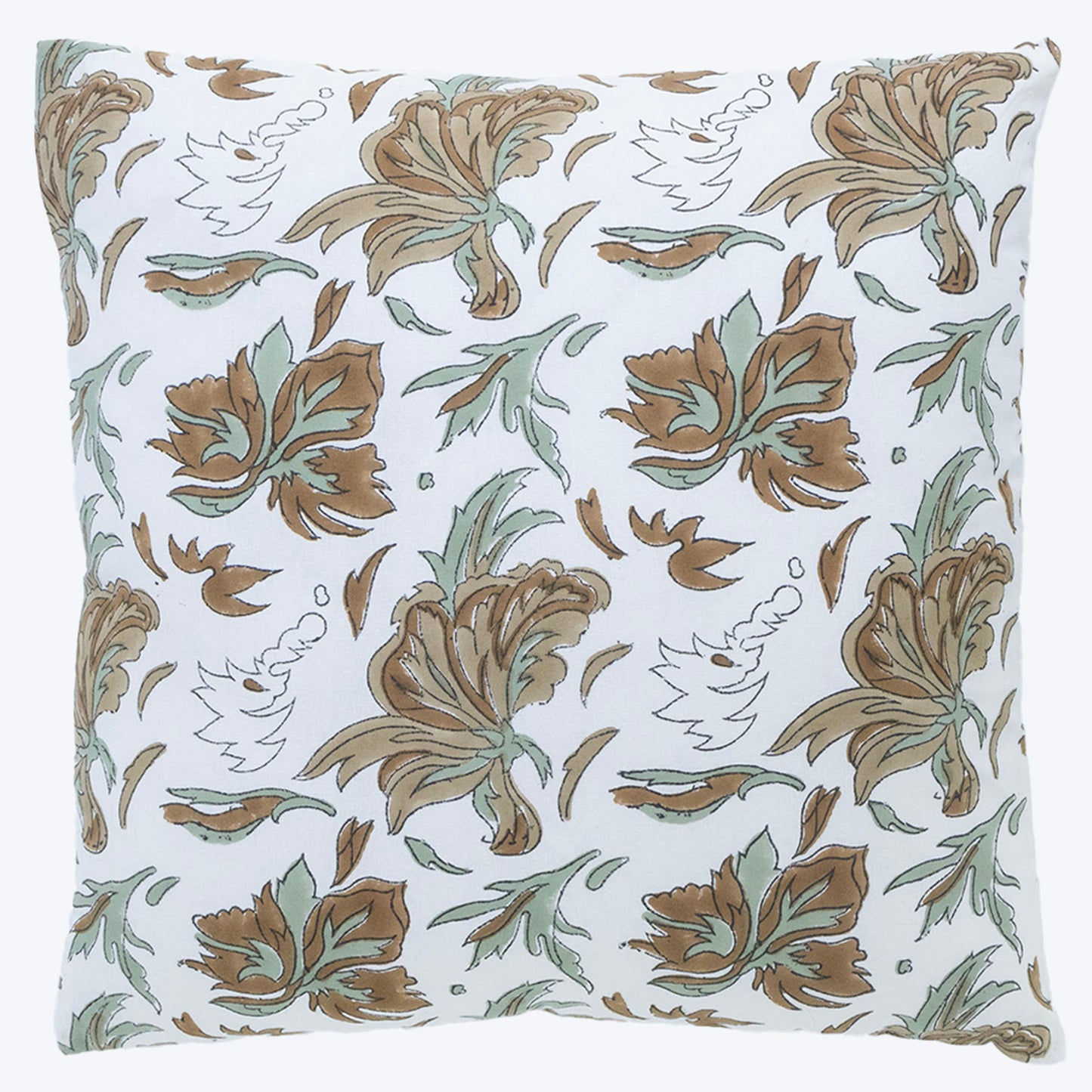 Brownn White Floral Print Cushion Cover Hand Block Printed Cotton Pillow Cover Boho Sofa Decor Housewarming Gift