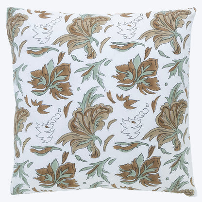Brownn White Floral Print Cushion Cover Hand Block Printed Cotton Pillow Cover Boho Sofa Decor Housewarming Gift