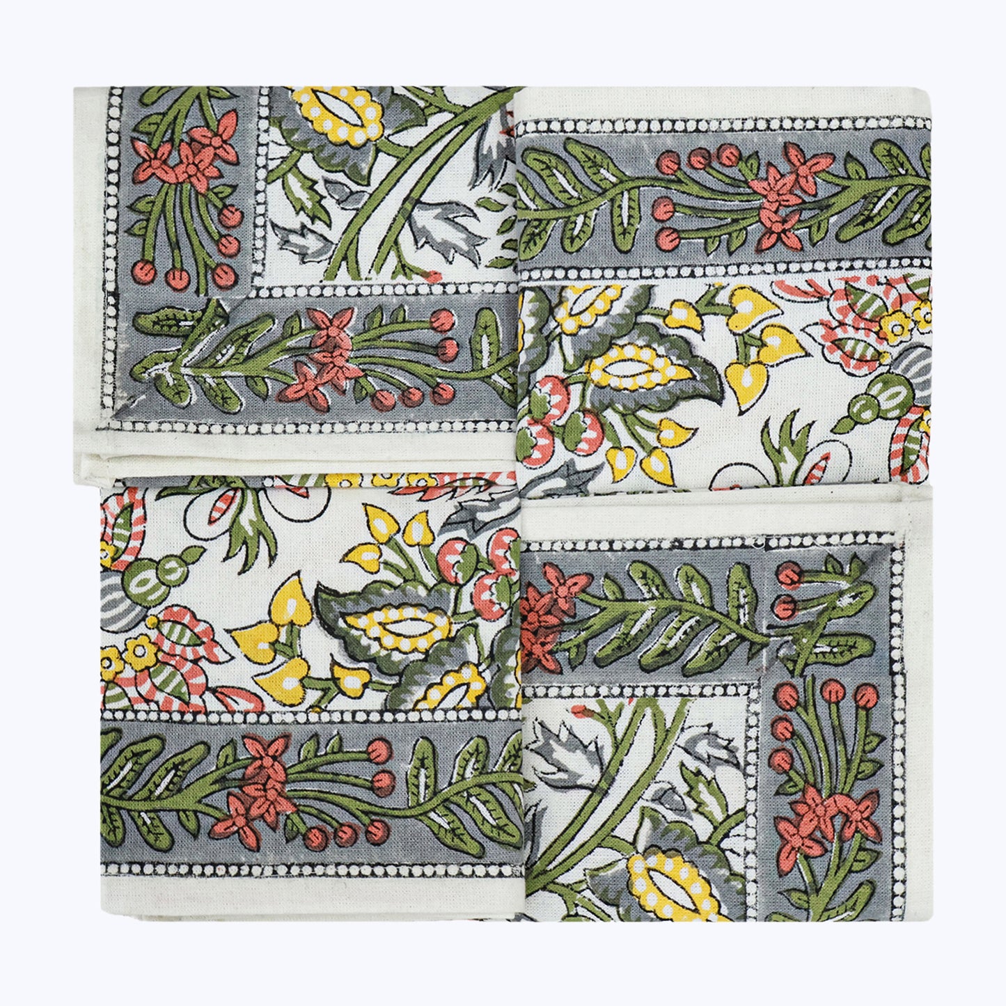 Green and White Hand Block Printed Cotton Napkins Set Of 4 - My Store