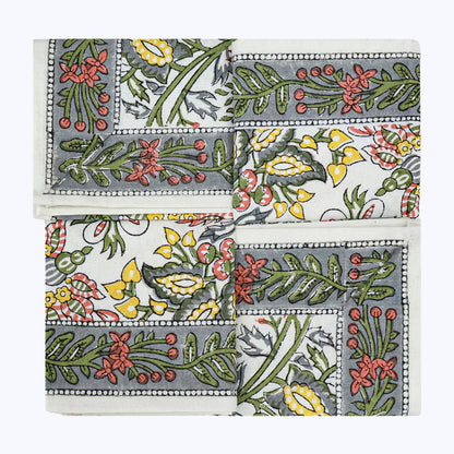 Green and White Hand Block Printed Cotton Napkins Set Of 4 - My Store