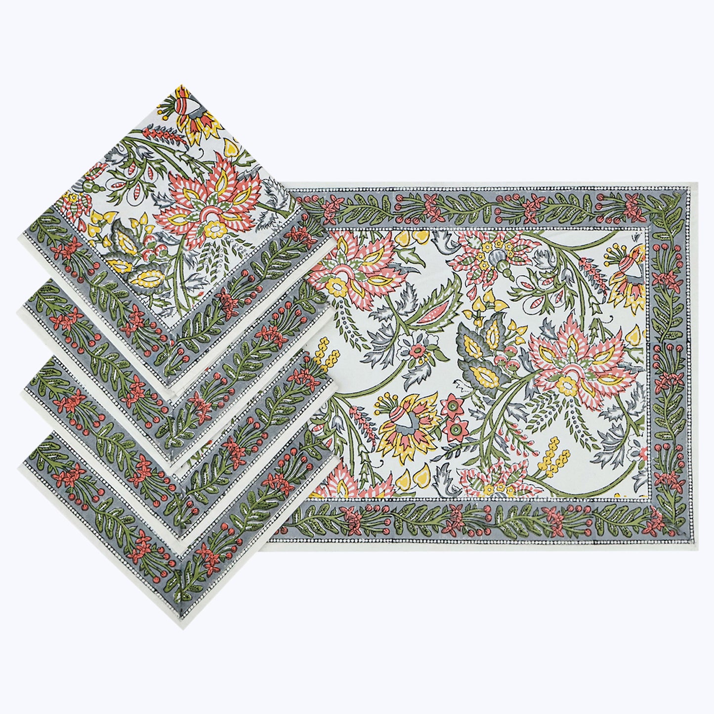 Green and White Hand Block Printed Cotton Napkins Set Of 4 - My Store