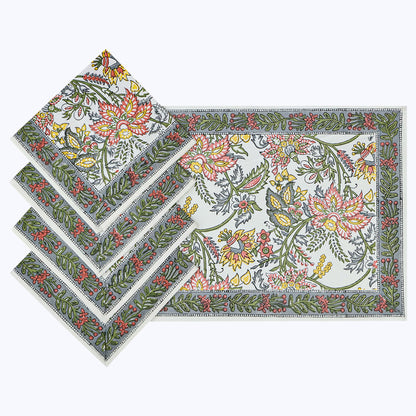 Green and White Hand Block Printed Cotton Napkins Set Of 4 - My Store