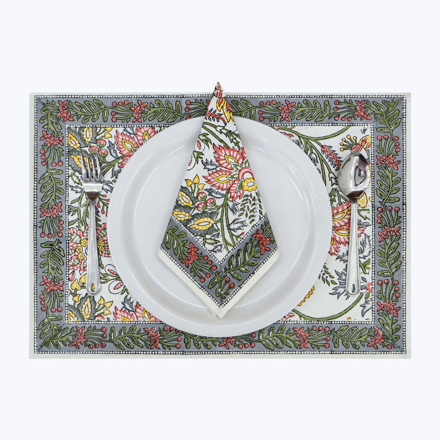 Green and White Hand Block Printed Cotton Napkins Set Of 4 - My Store