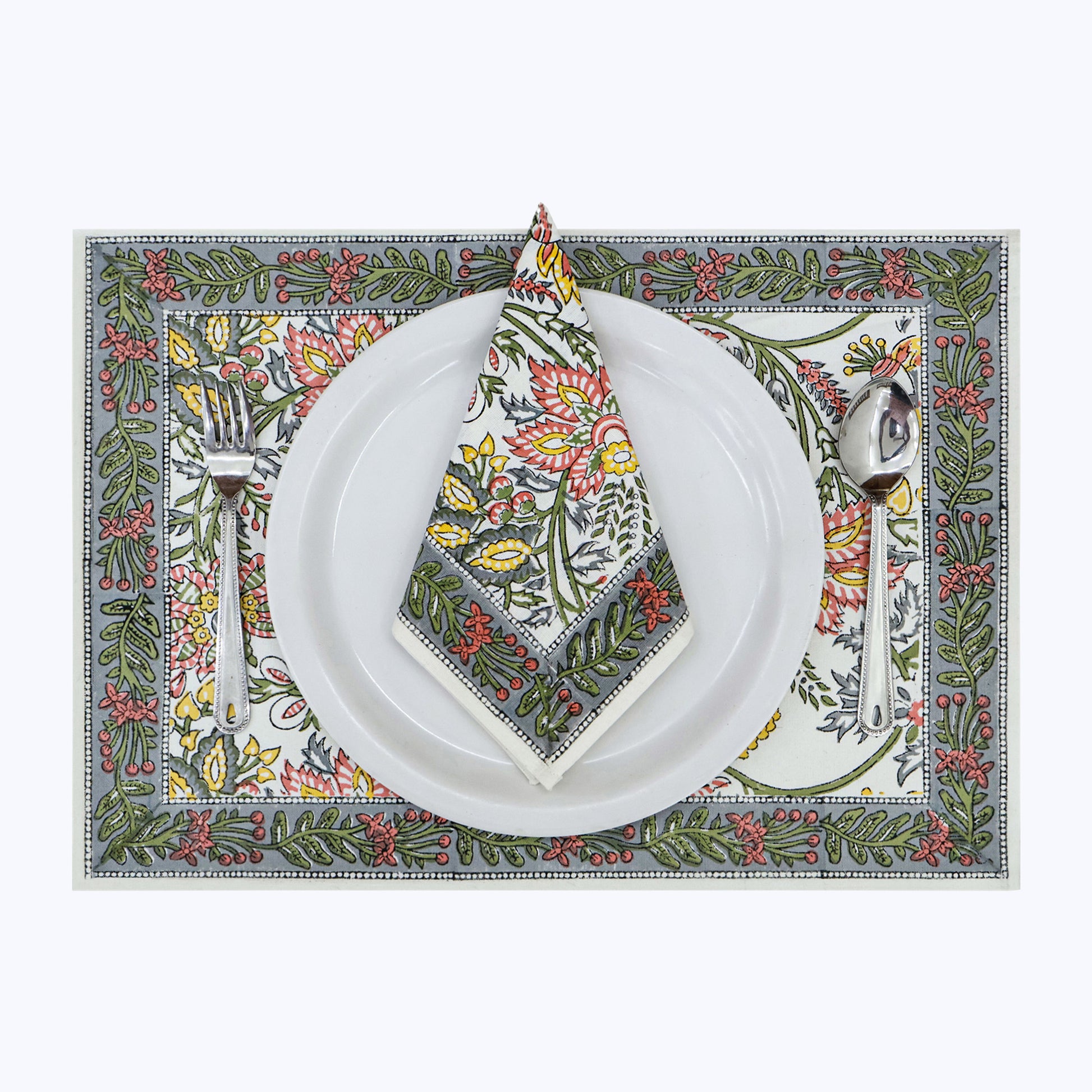 Green and White Hand Block Printed Cotton Napkins Set Of 4 - My Store