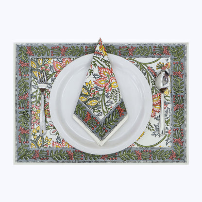 Green and White Hand Block Printed Cotton Napkins Set Of 4 - My Store