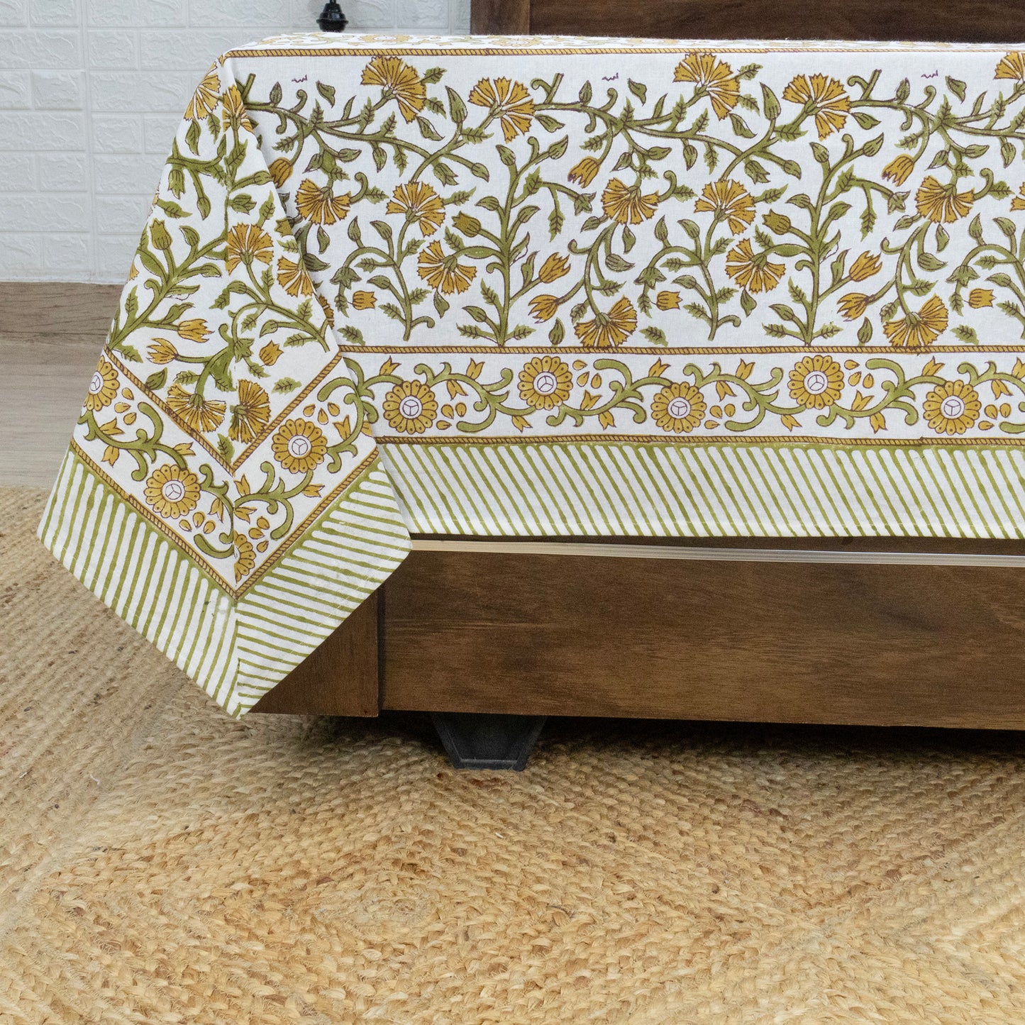 Indian Handmade Block Printed Yellow and Green Floral Pattern Cotton Bed sheet For living Room, Kids Room - My Store