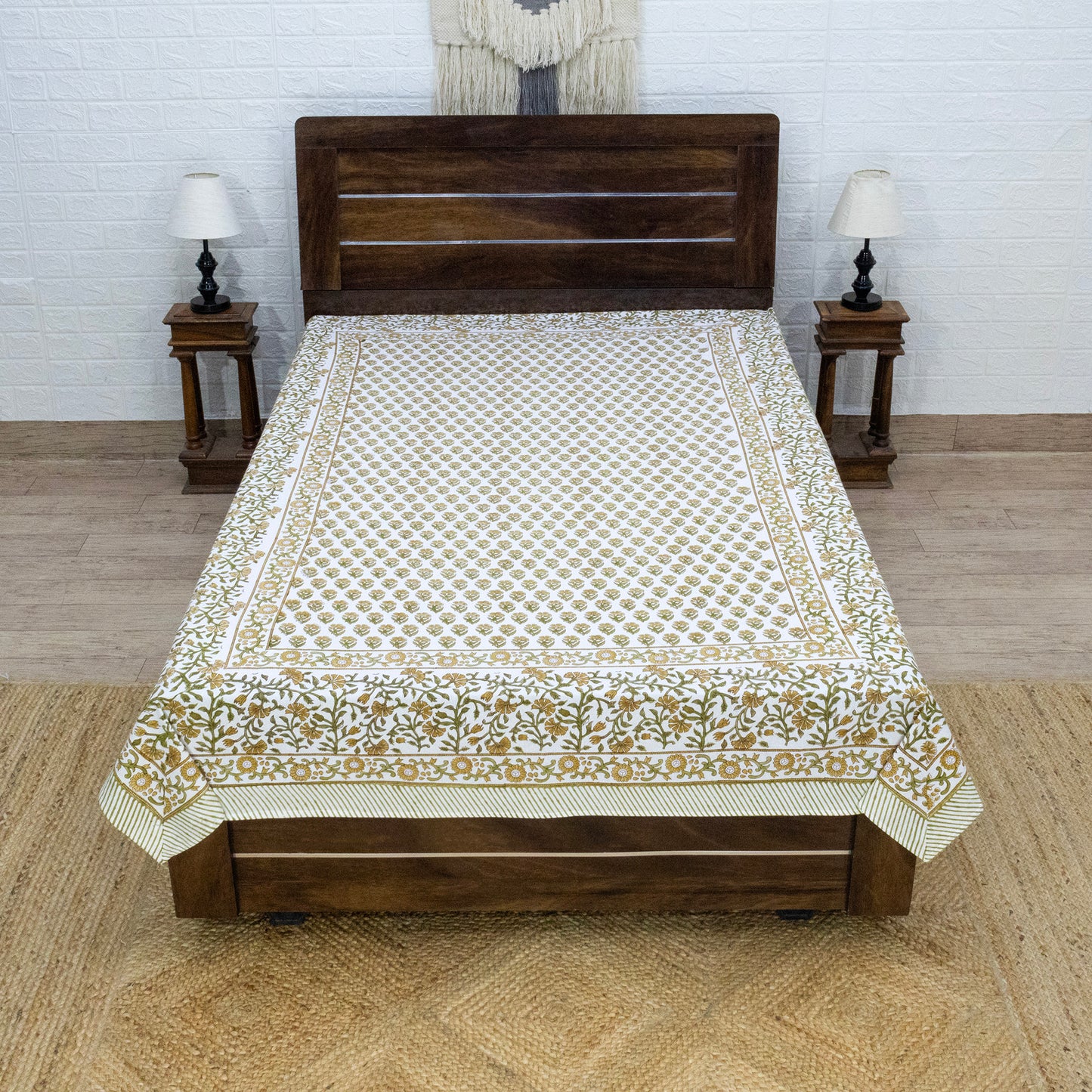 Indian Handmade Block Printed Yellow and Green Floral Pattern Cotton Bed sheet For living Room, Kids Room - My Store