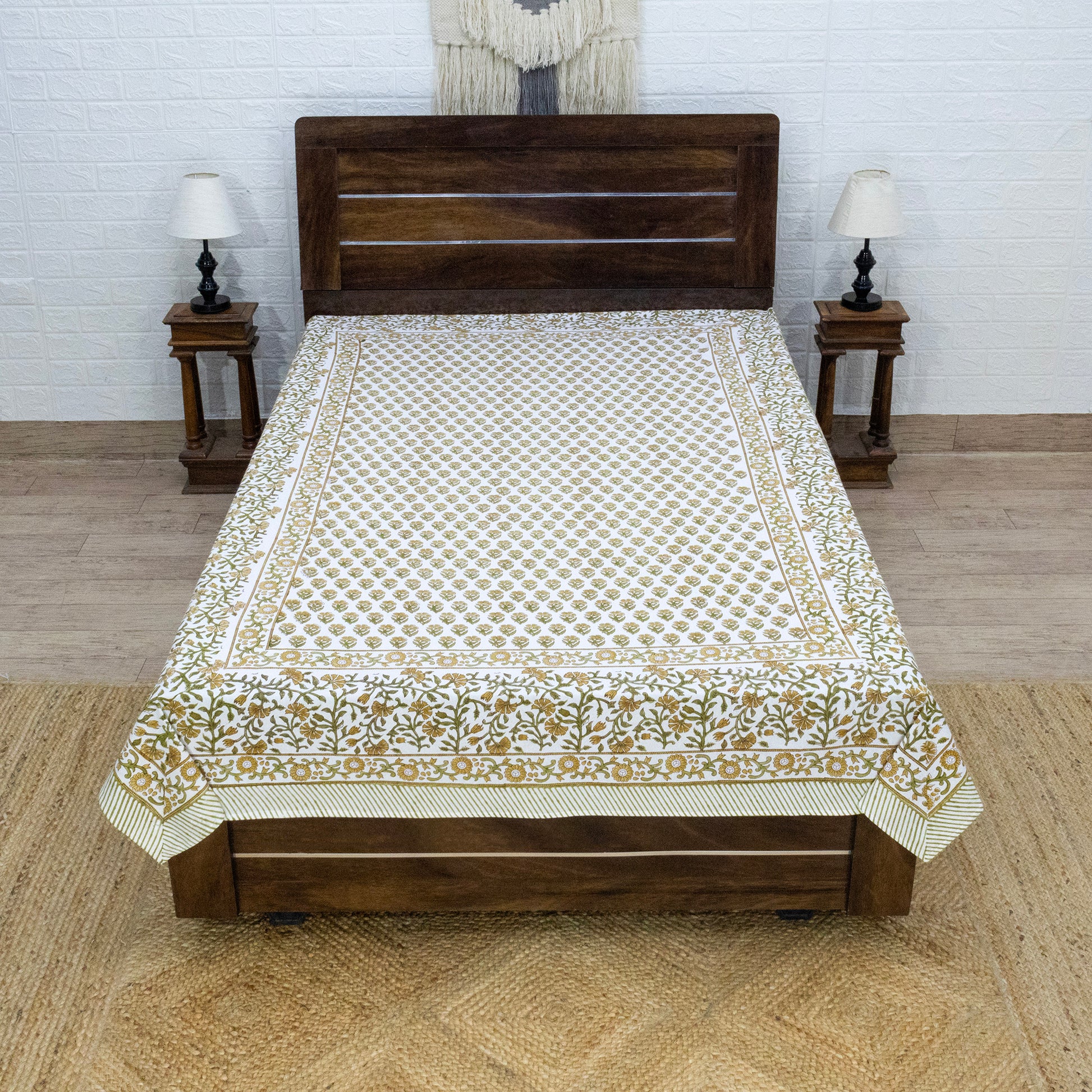 Indian Handmade Block Printed Yellow and Green Floral Pattern Cotton Bed sheet For living Room, Kids Room - My Store