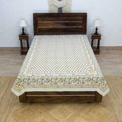 Indian Handmade Block Printed Yellow and Green Floral Pattern Cotton Bed sheet For living Room, Kids Room - My Store