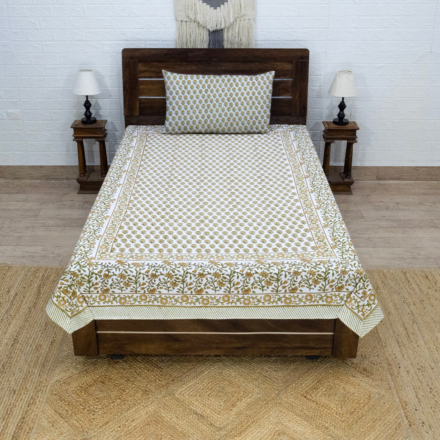 Indian Handmade Block Printed Yellow and Green Floral Pattern Cotton Bed sheet For living Room, Kids Room - My Store