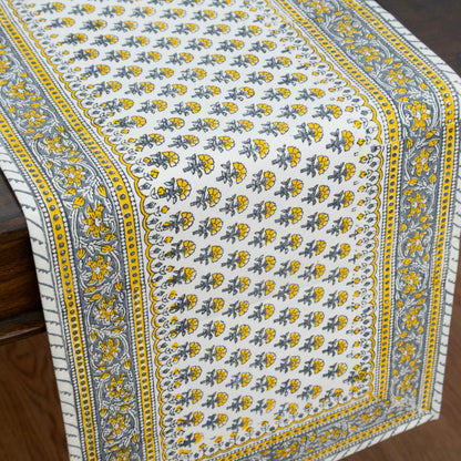 Yellow Grey Floral Block Print Table Runner Indian Cotton Boho Farmhouse Dining Decor Custom Size Hand Printed