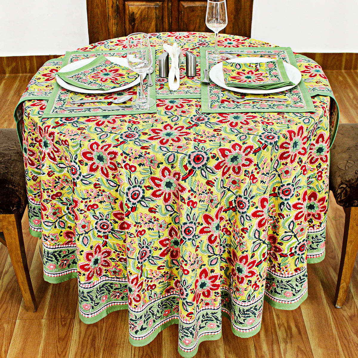 Hand Block Printed Floral Round Cotton Tablecloth - My Store