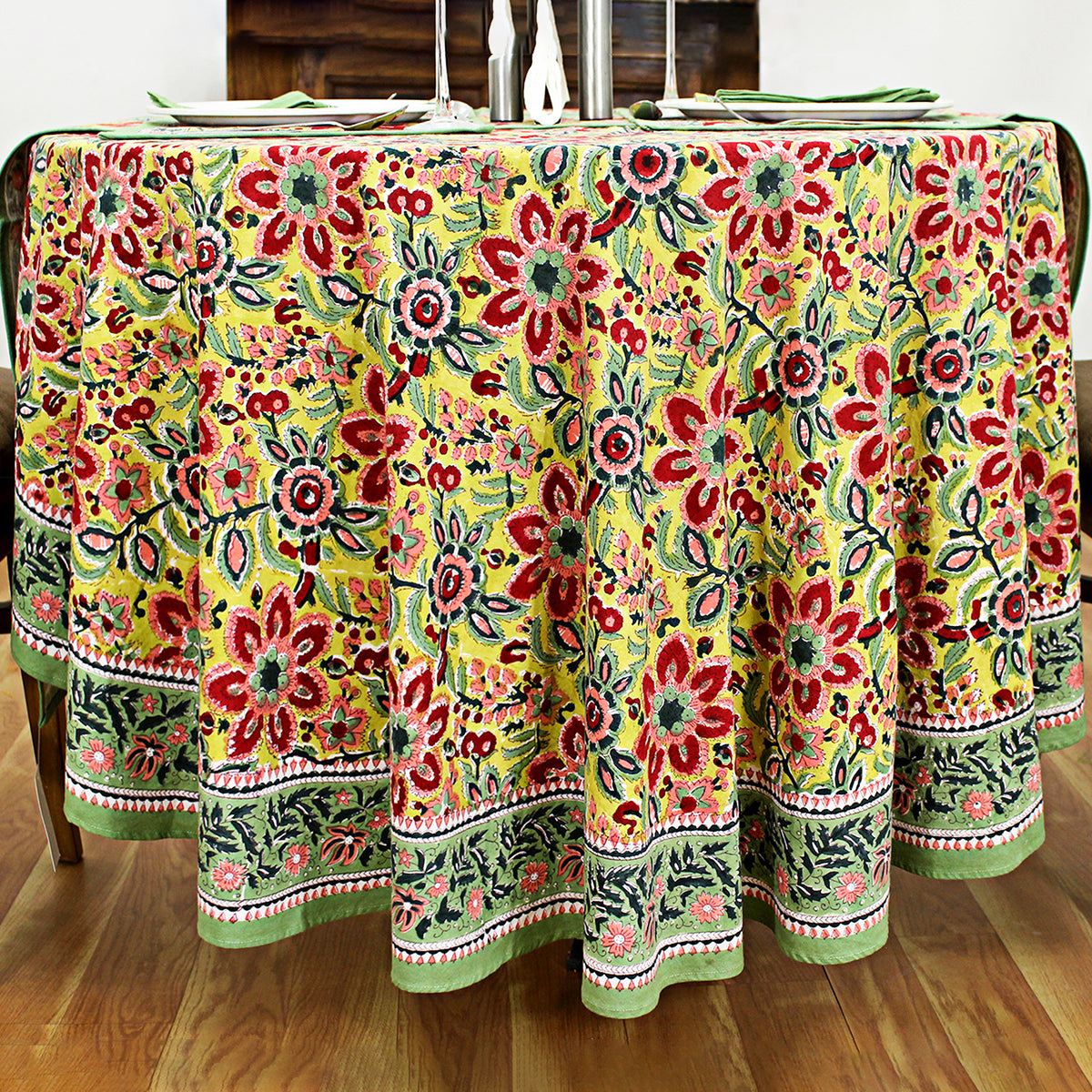 Hand Block Printed Floral Round Cotton Tablecloth - My Store
