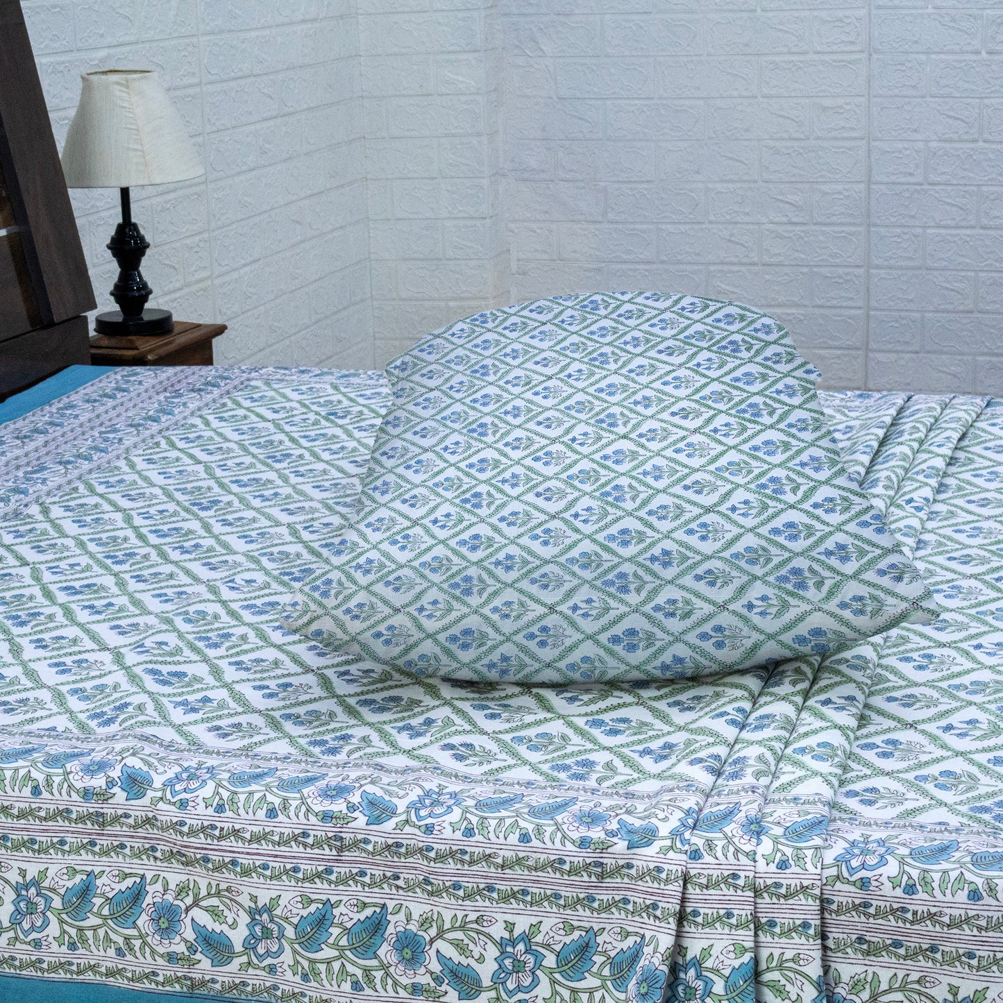 Indian Handmade Block Printed Blue and Green Floral Pattern Cotton Bed sheet For living Room, Kids Room - My Store