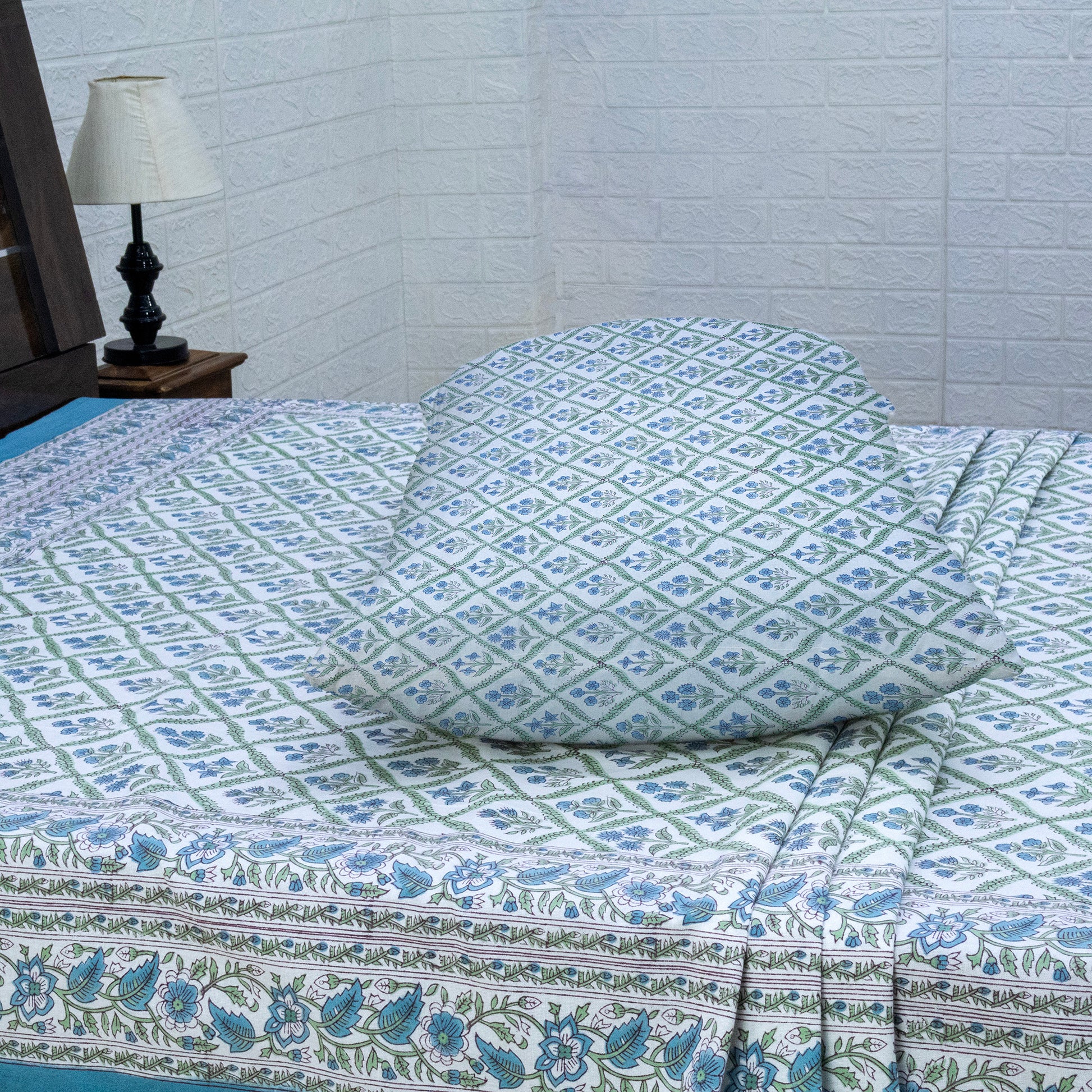 Indian Handmade Block Printed Blue and Green Floral Pattern Cotton Bed sheet For living Room, Kids Room - My Store