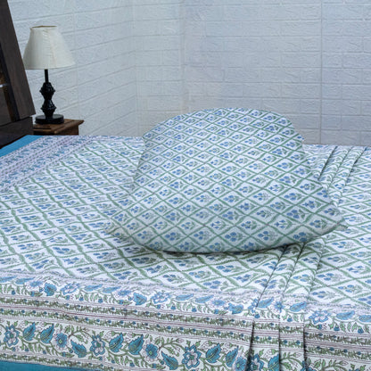 Indian Handmade Block Printed Blue and Green Floral Pattern Cotton Bed sheet For living Room, Kids Room - My Store