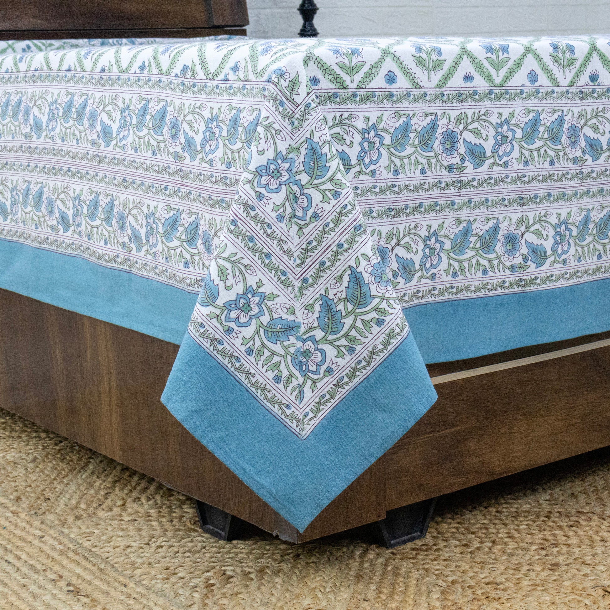 Indian Handmade Block Printed Blue and Green Floral Pattern Cotton Bed sheet For living Room, Kids Room - My Store