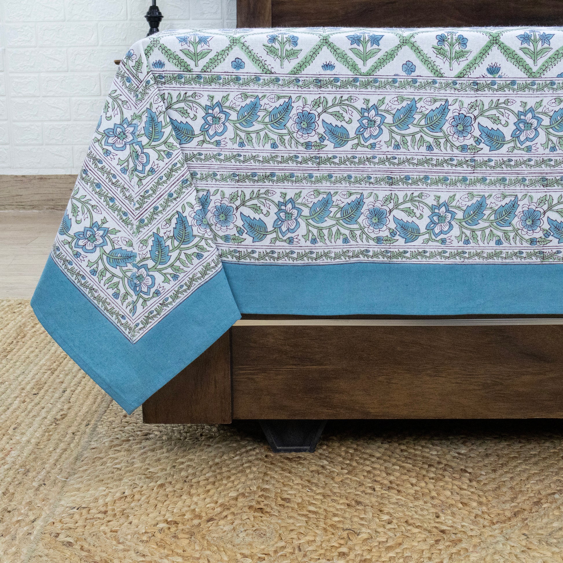 Indian Handmade Block Printed Blue and Green Floral Pattern Cotton Bed sheet For living Room, Kids Room - My Store