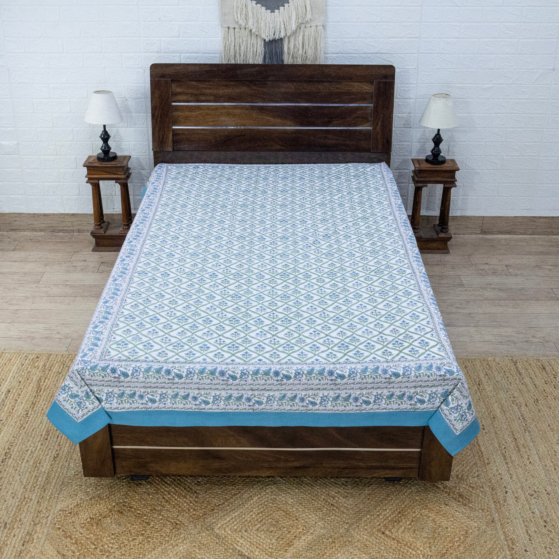 Indian Handmade Block Printed Blue and Green Floral Pattern Cotton Bed sheet For living Room, Kids Room - My Store