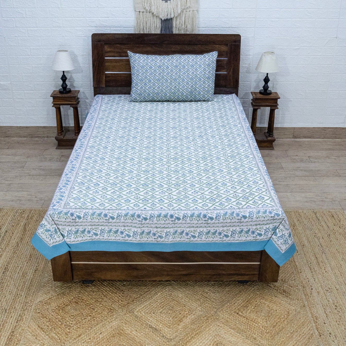Indian Handmade Block Printed Blue and Green Floral Pattern Cotton Bed sheet For living Room, Kids Room - My Store