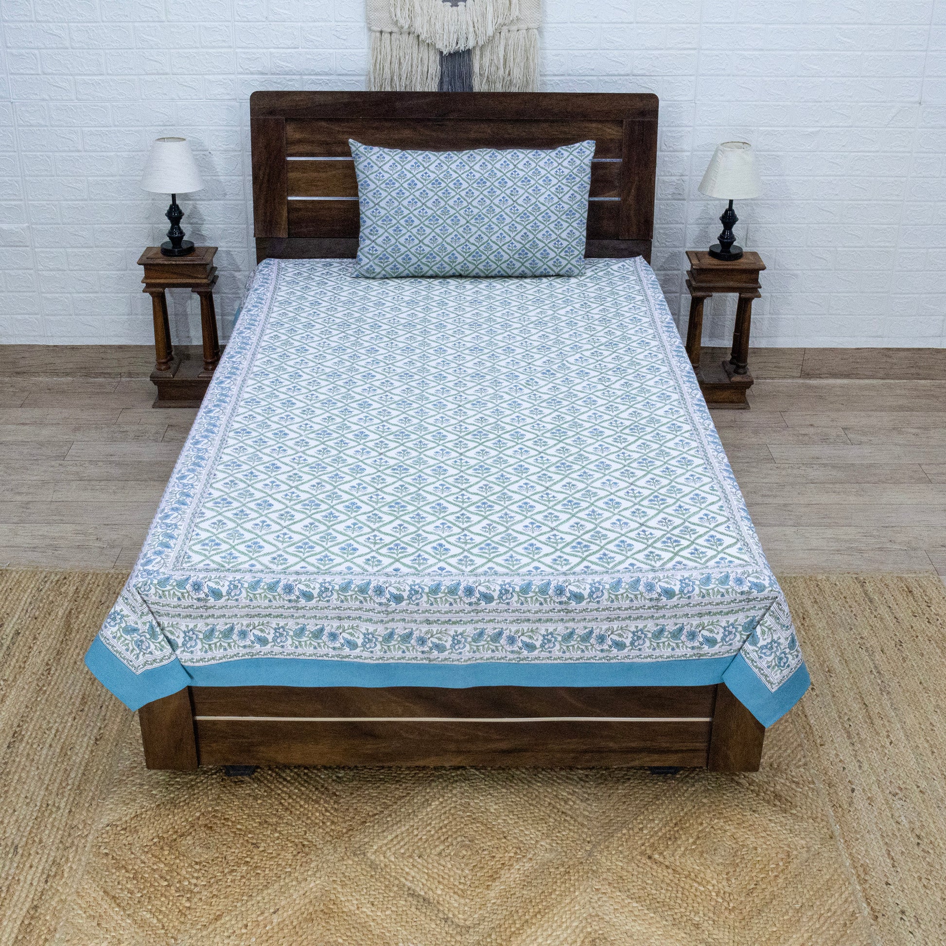 Indian Handmade Block Printed Blue and Green Floral Pattern Cotton Bed sheet For living Room, Kids Room - My Store