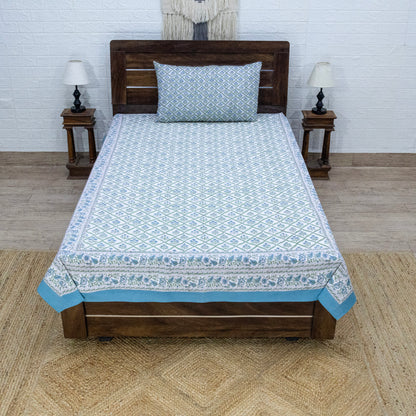Indian Handmade Block Printed Blue and Green Floral Pattern Cotton Bed sheet For living Room, Kids Room - My Store