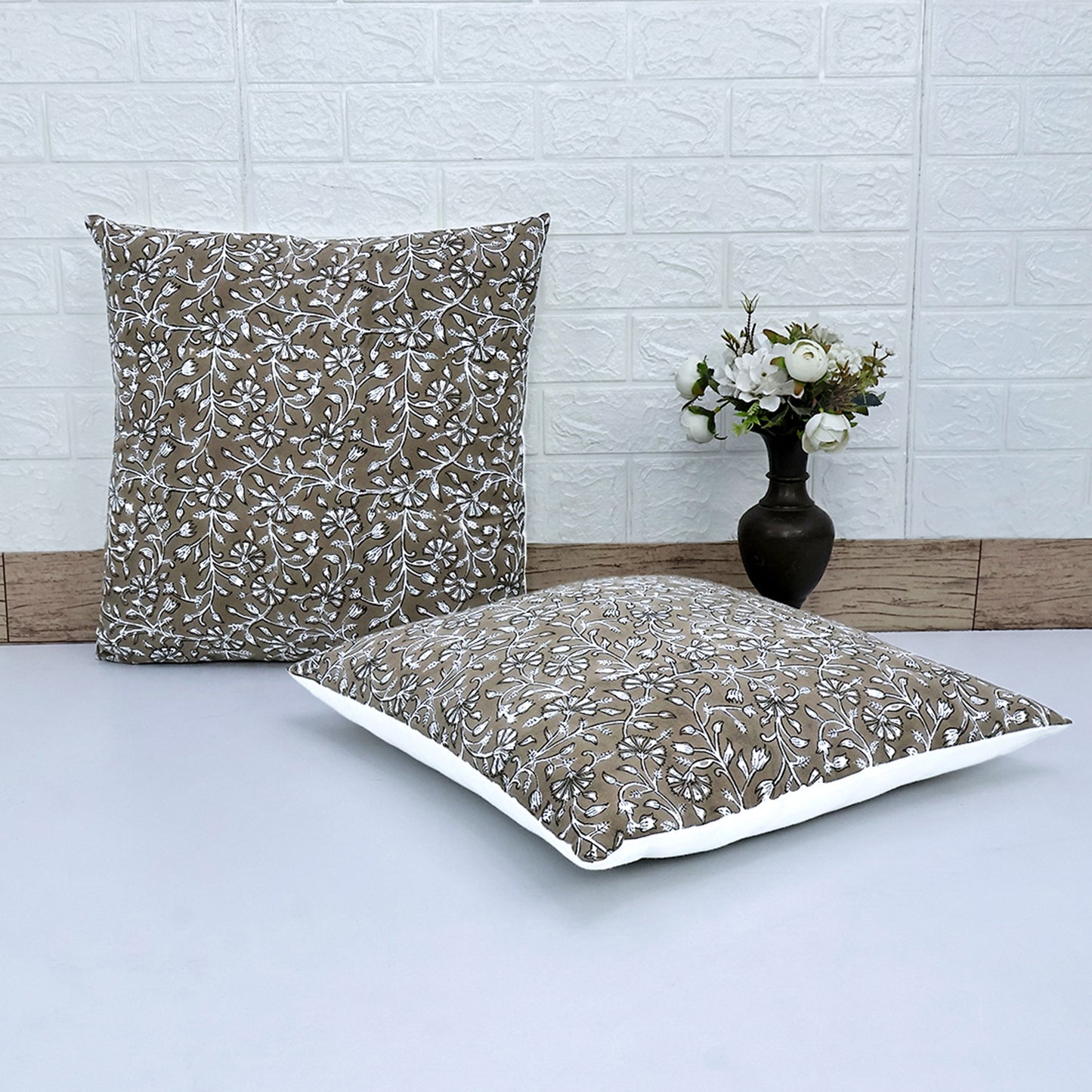 Brown Floral Block Print Cushion Cover | Handcrafted Cotton Throw Pillow Cover