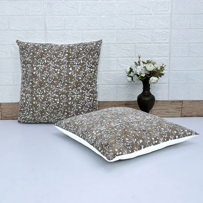 Brown Floral Block Print Cushion Cover | Handcrafted Cotton Throw Pillow Cover