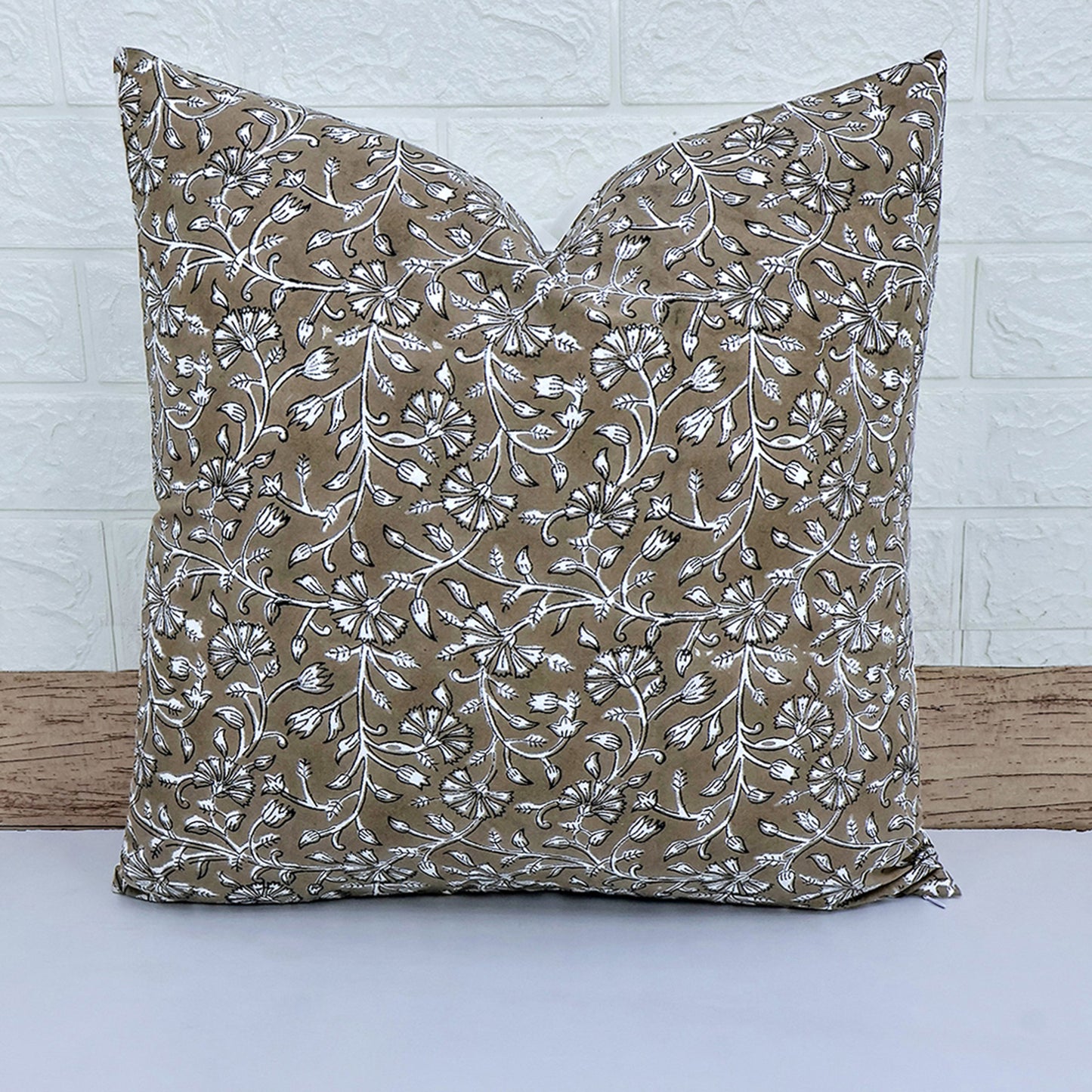 Brown Floral Block Print Cushion Cover | Handcrafted Cotton Throw Pillow Cover