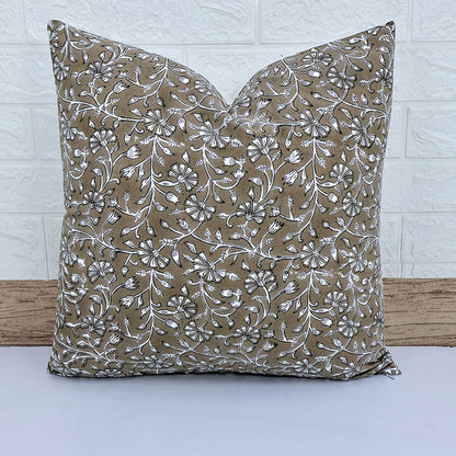 Brown Floral Block Print Cushion Cover | Handcrafted Cotton Throw Pillow Cover