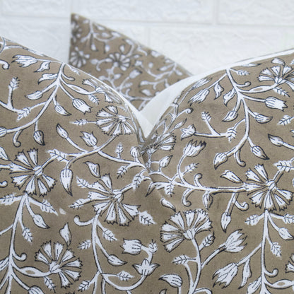 Brown Floral Block Print Cushion Cover | Handcrafted Cotton Throw Pillow Cover