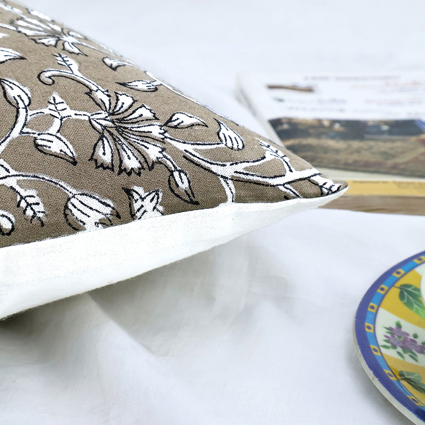 Brown Floral Block Print Cushion Cover | Handcrafted Cotton Throw Pillow Cover