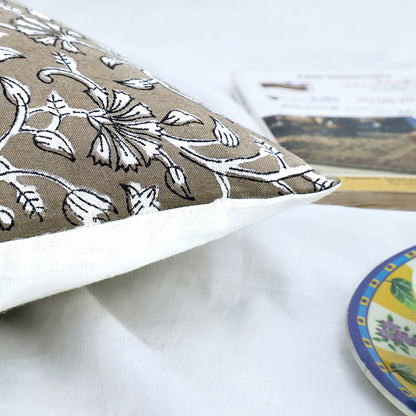 Brown Floral Block Print Cushion Cover | Handcrafted Cotton Throw Pillow Cover