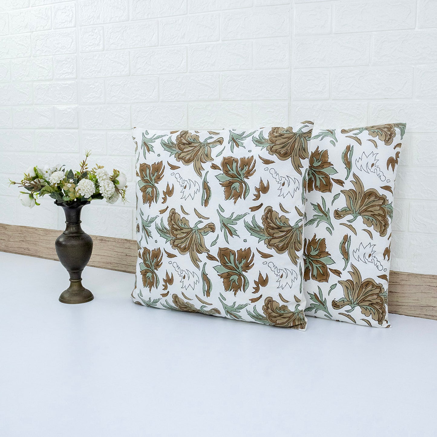 Brownn White Floral Print Cushion Cover Hand Block Printed Cotton Pillow Cover Boho Sofa Decor Housewarming Gift