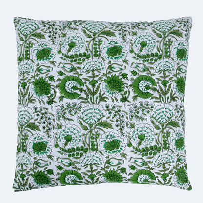 Green Floral Cotton Cushion Cover | Hand Block Print Decorative Pillow Cover | Indian Boho Sofa Cushion Case