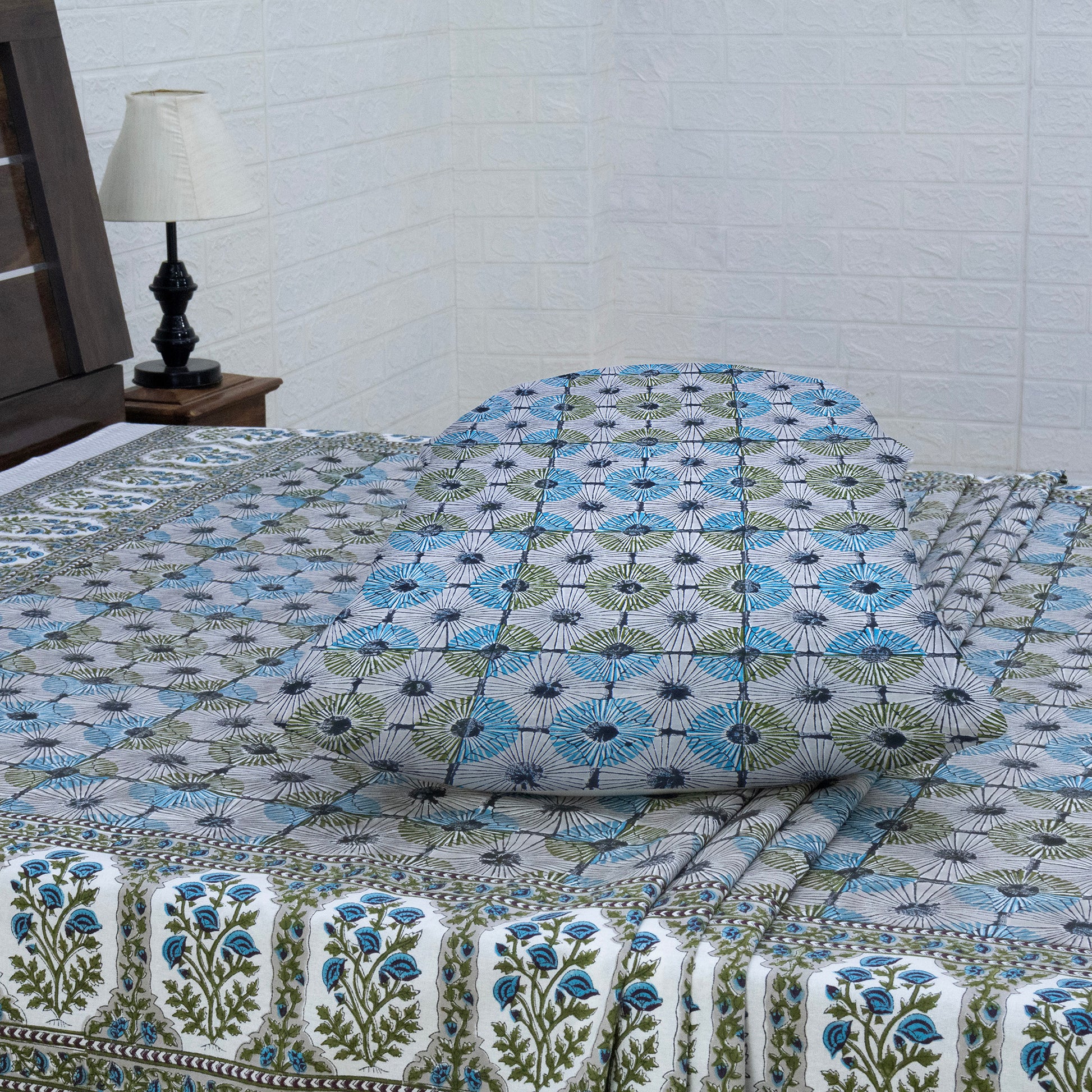 Indian Handmade Block Printed Green and Blue Floral Pattern Cotton Bed sheet For living Room, Kids Room - My Store