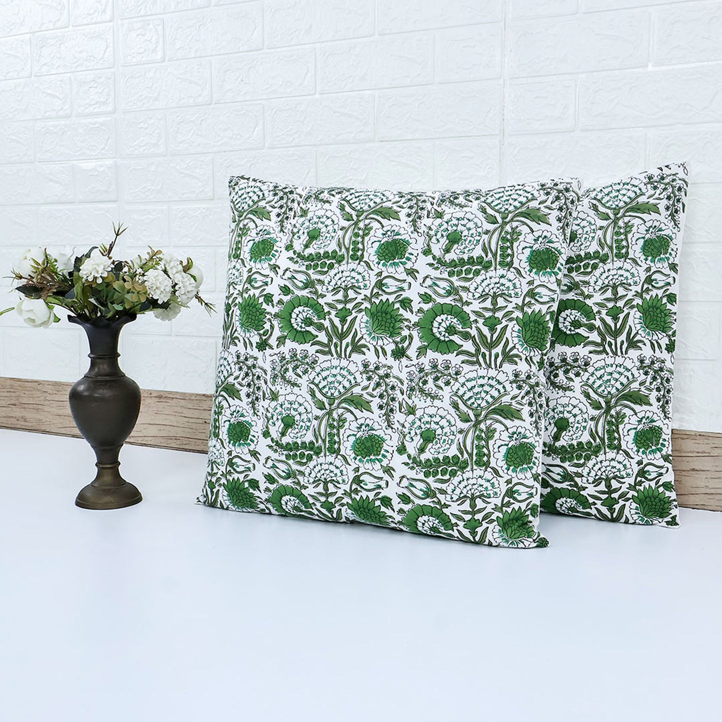 Green Floral Cotton Cushion Cover | Hand Block Print Decorative Pillow Cover | Indian Boho Sofa Cushion Case