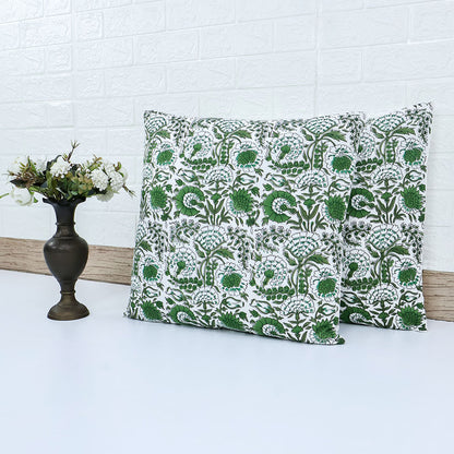 Green Floral Cotton Cushion Cover | Hand Block Print Decorative Pillow Cover | Indian Boho Sofa Cushion Case