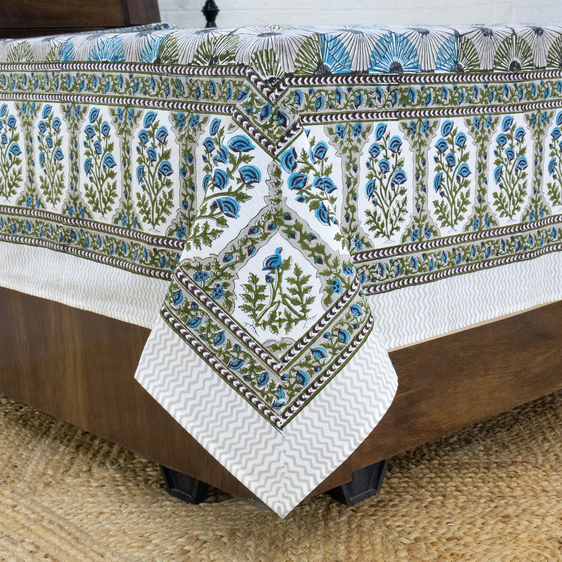 Indian Handmade Block Printed Green and Blue Floral Pattern Cotton Bed sheet For living Room, Kids Room - My Store