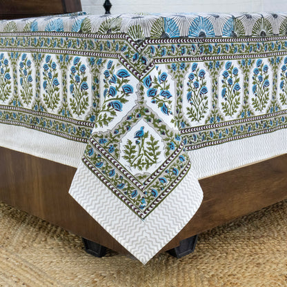Indian Handmade Block Printed Green and Blue Floral Pattern Cotton Bed sheet For living Room, Kids Room - My Store