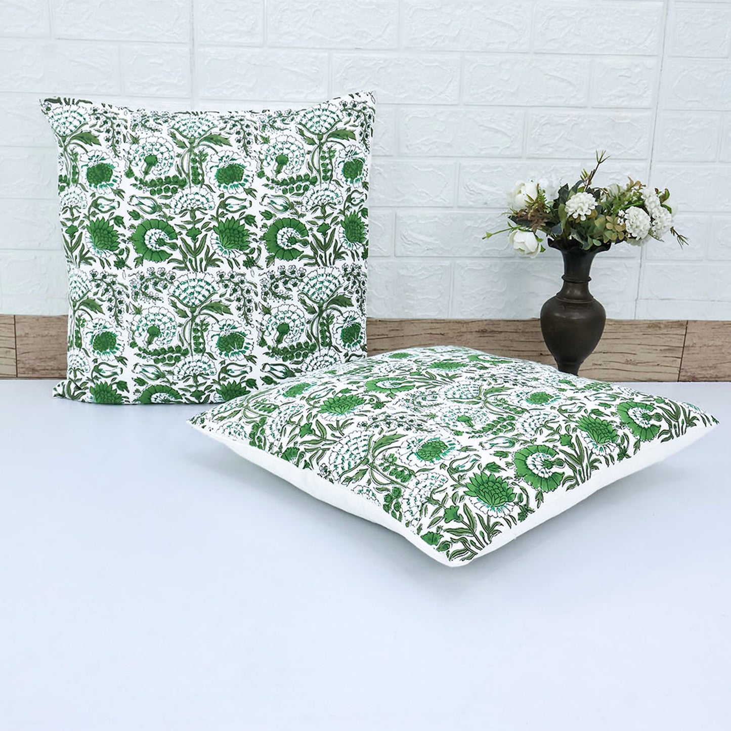Green Floral Cotton Cushion Cover | Hand Block Print Decorative Pillow Cover | Indian Boho Sofa Cushion Case