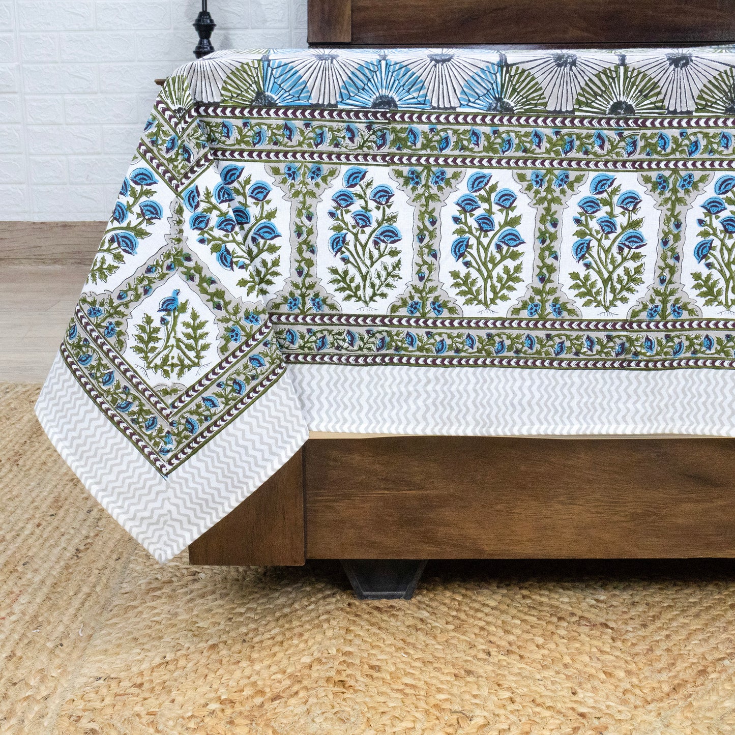 Indian Handmade Block Printed Green and Blue Floral Pattern Cotton Bed sheet For living Room, Kids Room - My Store