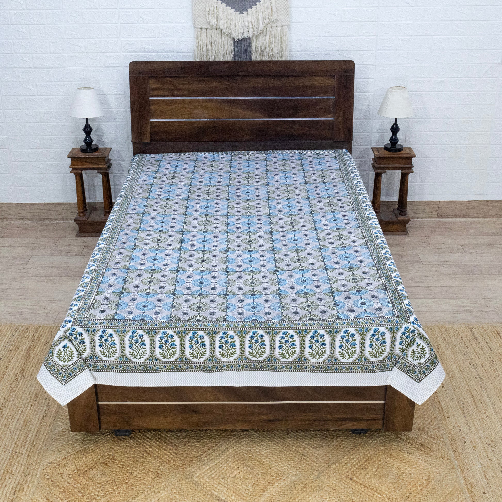 Indian Handmade Block Printed Green and Blue Floral Pattern Cotton Bed sheet For living Room, Kids Room - My Store