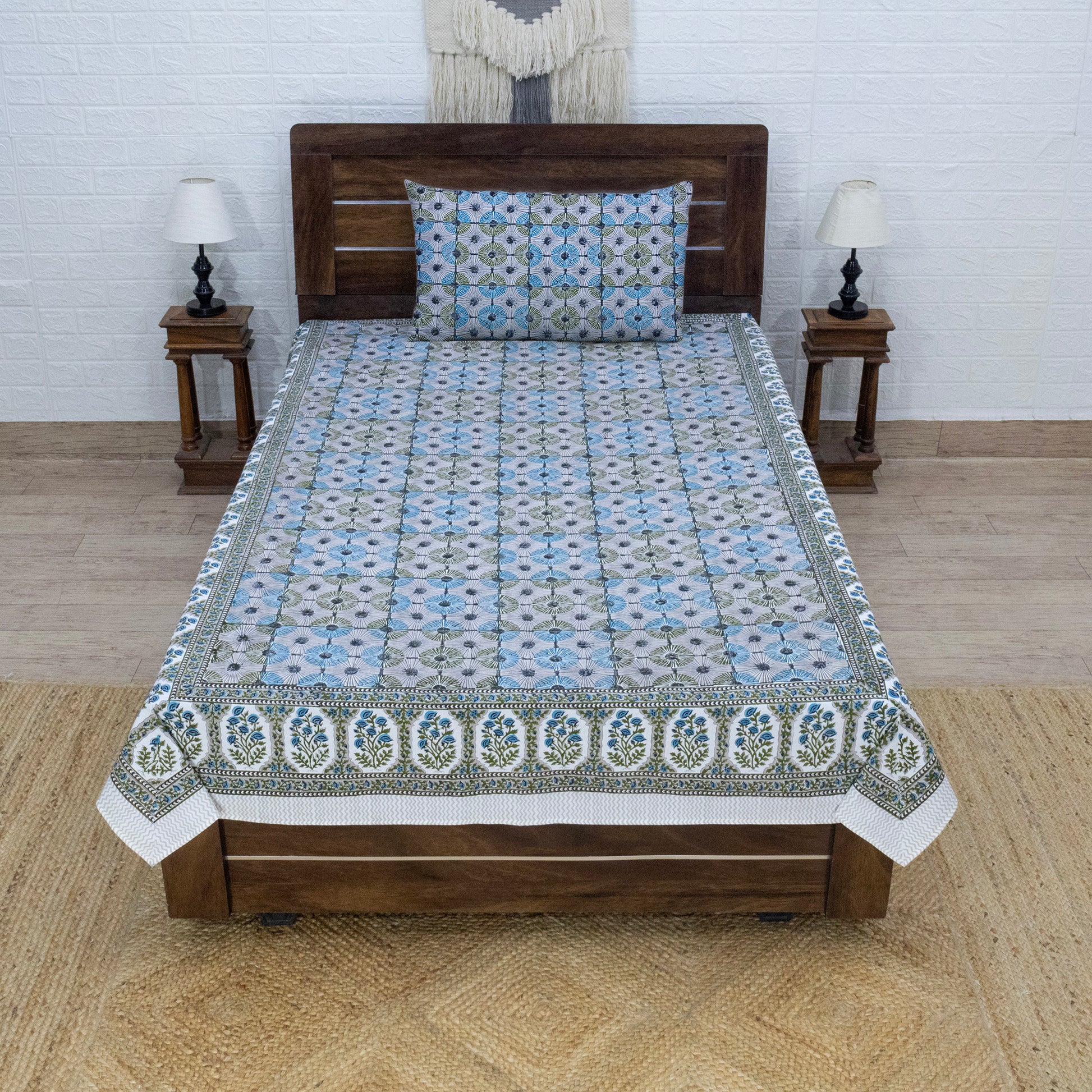 Indian Handmade Block Printed Green and Blue Floral Pattern Cotton Bed sheet For living Room, Kids Room - My Store