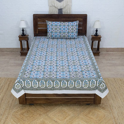 Indian Handmade Block Printed Green and Blue Floral Pattern Cotton Bed sheet For living Room, Kids Room - My Store