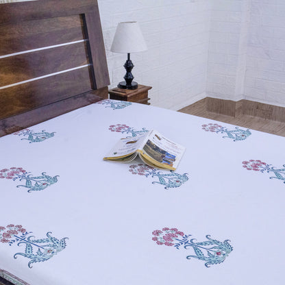 Indian Handmade Block Printed White and Maroon Floral Pattern Cotton Bed sheet For living Room, Kids Room - My Store