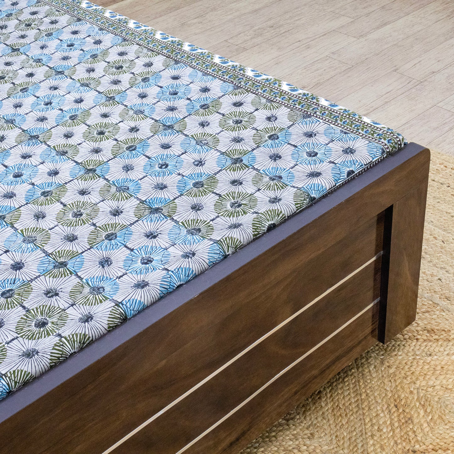 Indian Handmade Block Printed Green and Blue Floral Pattern Cotton Bed sheet For living Room, Kids Room - My Store